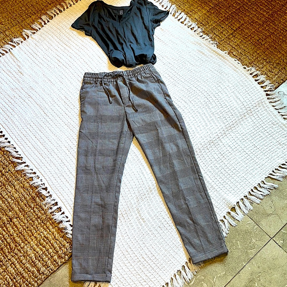 H&M plaid grey black drawstring stretch waist pants w/pockets szXs pants work